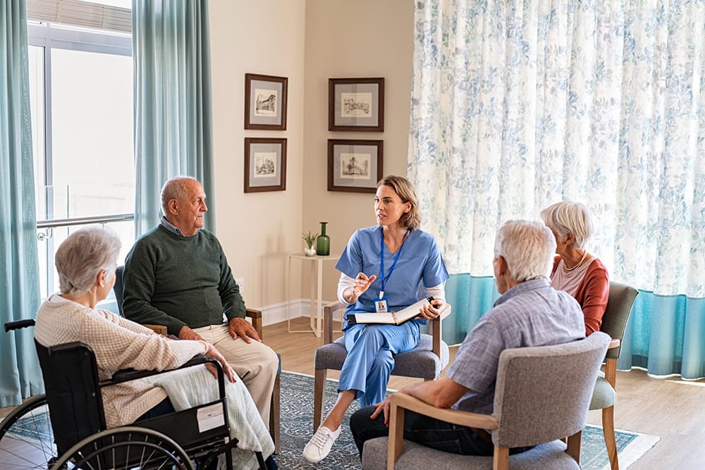family on a tour of a nursing home