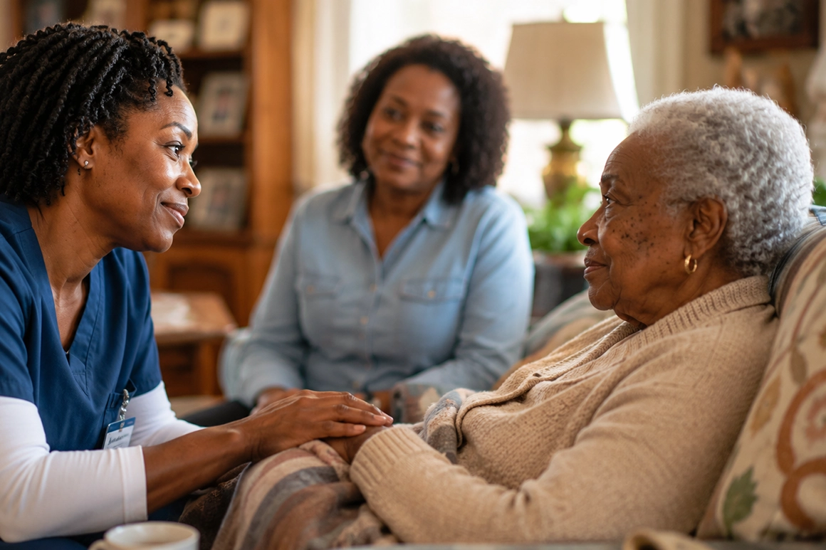 Caregiver having a comforting conversation with a patient receiving palliative or hospice care.