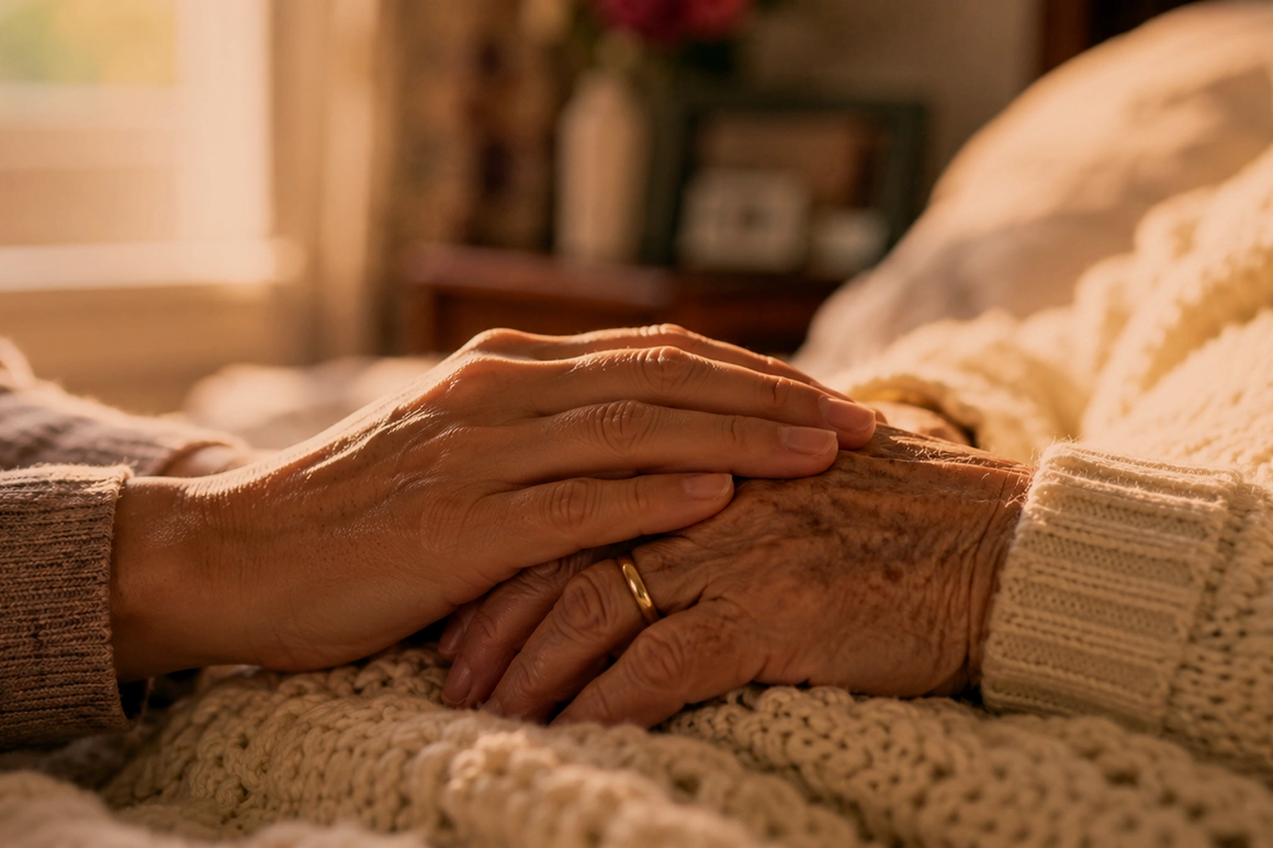 Female caregiver gently holding her elderly mother's hand in hospice care.