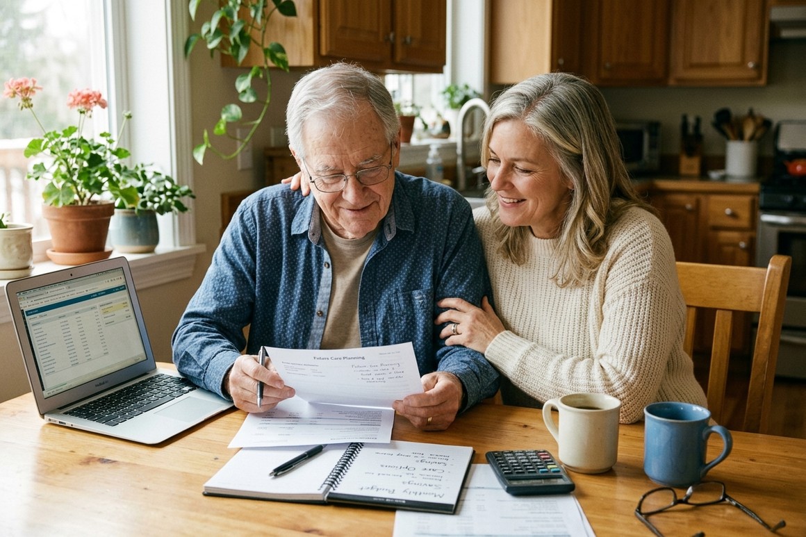 An adult daughter and her elderly father review financial documents and a laptop at a kitchen table, planning how to pay for senior care